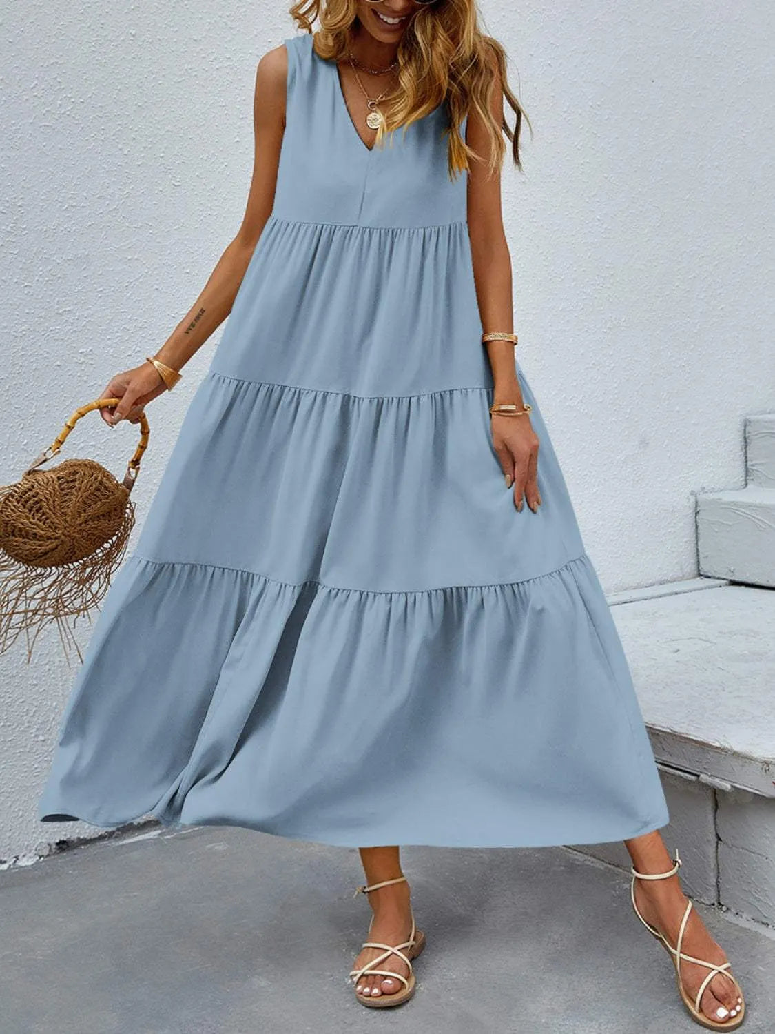 Tiered V-Neck Sleeve Dress Misty Blue Casual Dresses - Tophatter Daily Deals